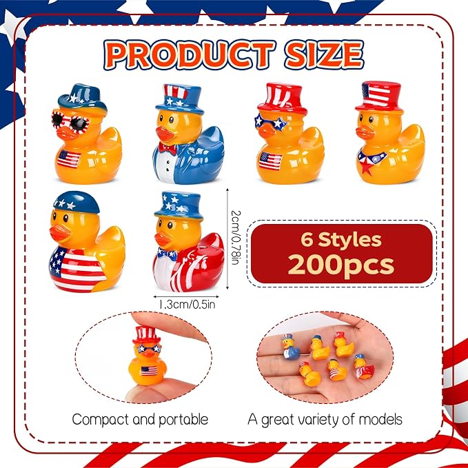 120 Pcs Patriotic Mini Resin Ducks 6 Style Bulk Tiny Duck Figurines 250th Anniversary Independence Day Decorations 4th of July Patriotic Ducks for Party Favors DIY Crafts and Desk Decor