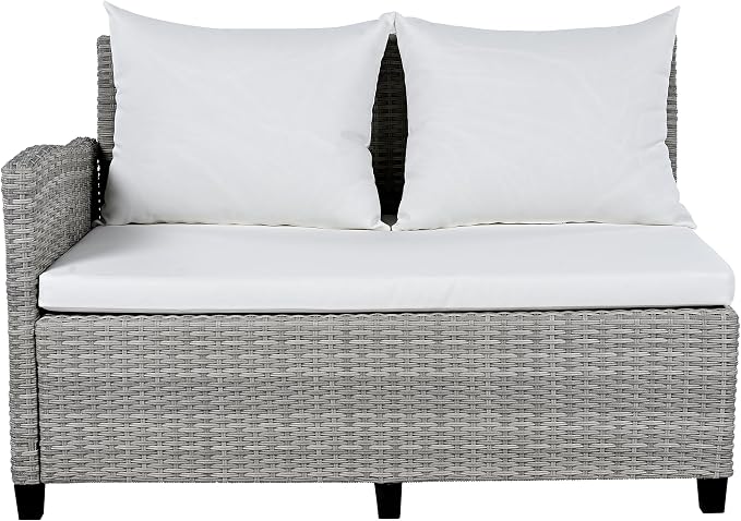 GDFStudio Brava Patio 5-Piece Conversation Set, Outdoor Rattan Sectional Sofa Set with Extendable Side Tables, Dining Table and Bench, L Shaped PE Wicker Furniture Set for Garden, Poolside, White