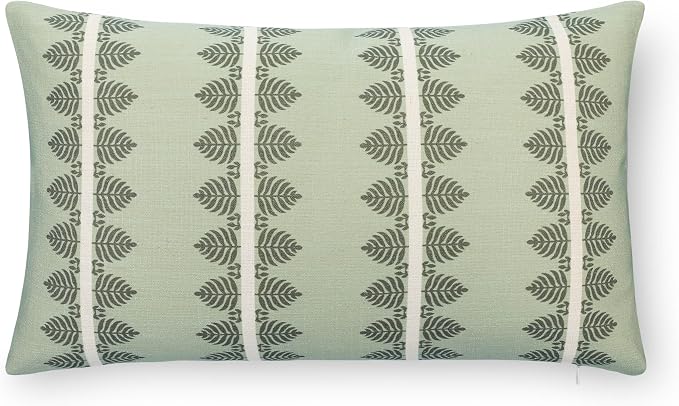 California Casual Coastal Indoor Outdoor Lumbar Pillow Cover, 12"x20" Water Repellent for Patio, Backyard, Couch, Poolside, Olive Light Green Print Leaves Stripes