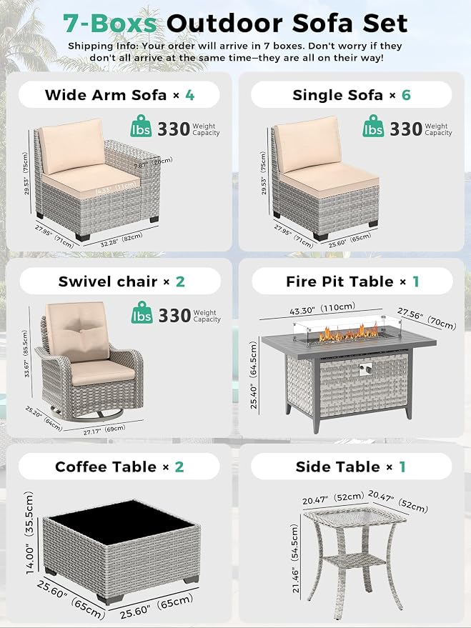 16 Piece Outdoor Wicker Sectional Sofa Set with Swivel Chairs & Fire Pit Table, 12-Seats with 4" Thickened Cushions & Coffee Table, All-Weather PE Rattan for Garden, Backyard, Porch, Beige