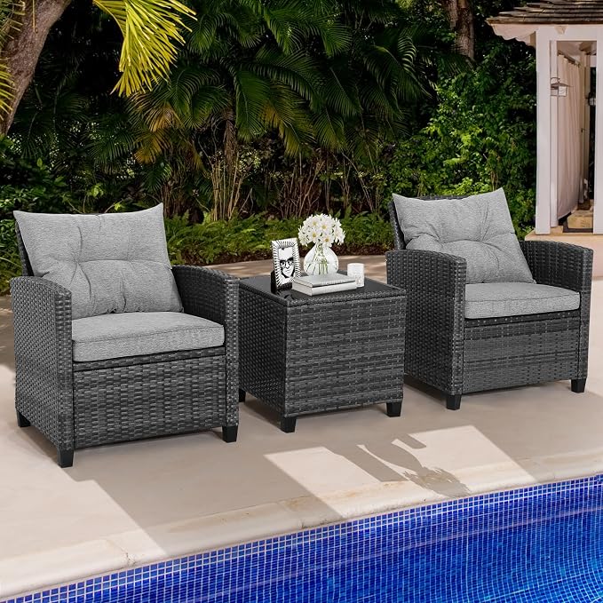 HAPPYGRILL 3 Pieces Patio Conversation Set, Outdoor Furniture Set PE Rattan Sofa Set with Removable Cushions, PE Wicker Chairs with Tempered Glass Side Table for Porch Lawn Garden Balcony Backyard