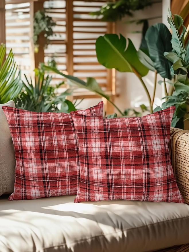 Waterproof Outdoor Pillow Set of 2 Red Checked Plaid Decorative Throw Pillows Cover & Insert 18x18 Inch Pillowcase Stripes Woven Grid Square Pillows for Couch Sofa Bed Patio Furniture Indoor Outdoor