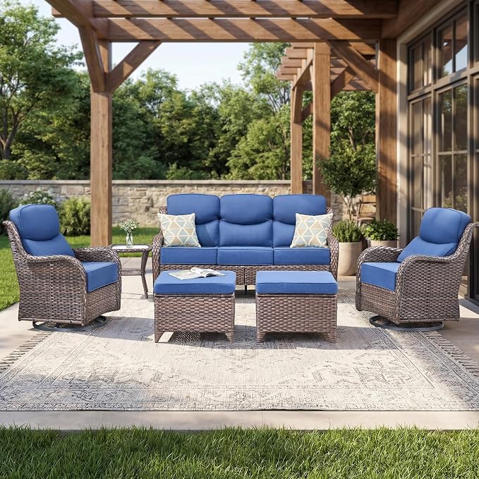Luxury Swivel Rocker Chair Sofa Set with 6" Thick Cushions,6 Piece Wicker Swivel Rocker Patio Chair with footstools,Outdoor Comfortable High Back Chair Patio Furniture Set - Brown | Blue