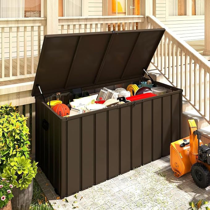 200 Gallon Metal Deck Box, Waterproof Outdoor Storage Box with Lockable Lid, Large Pool Storage Cabinet for Patio Furniture Garden Tools Pool Supplies, Brown