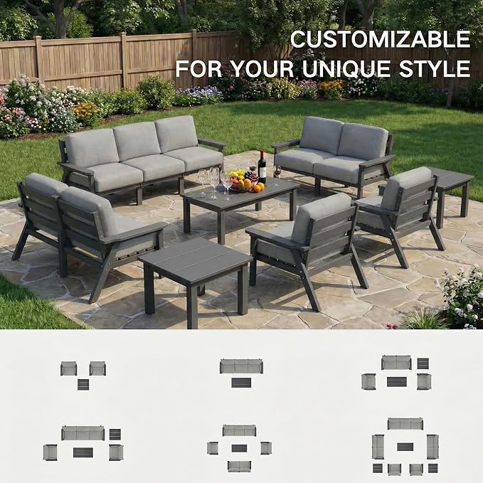Kingdura HDPE Patio Furniture Set, 7 Piece Outdoor Sectional Sofa with Coffee Table & Side Table, All Weather Outdoor Couch Conversation Set with Washable Cushions for Backyard Poolside Balcony