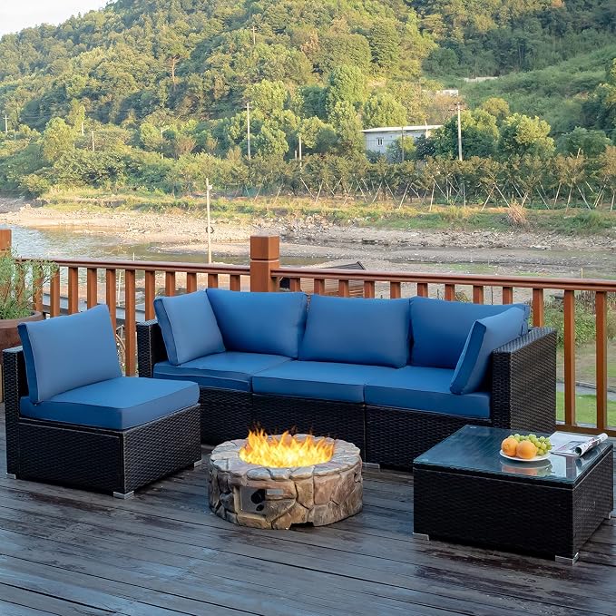 Tangkula 5 Pieces Patio Furniture Set, All Weather Wicker L-Shaped Corner Sofa Set w/Soft Cushions, Outdoor Sectional Conversation Couch Set w/Glass Table for Backyard Garden Poolside (Navy Blue)