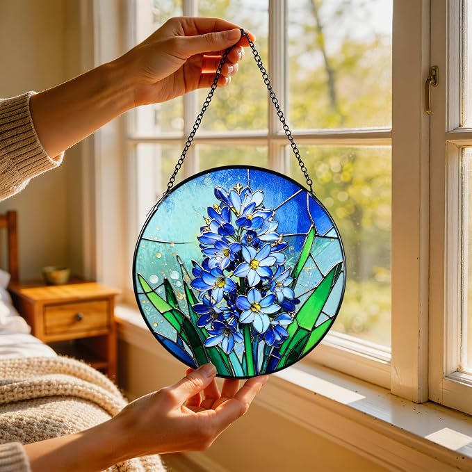 Stained Glass Window Hanging, Hyacinth Suncatcher 7.8 in Sun Catcher Glass Panel Boho Wall Art Decor with Chain Diamond Glass Panel Hangings Scenery Sun Catchers Decor for Lover Couple Mom