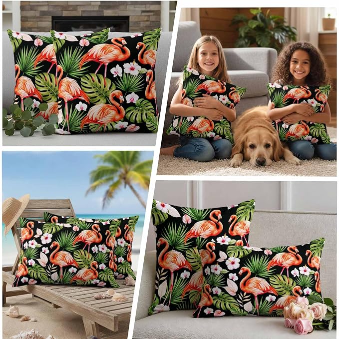 Pink Flamingos Outdoor Pillow Covers 16"x16" Set of 2, Green Tropical Leaf Hibiscus Flower Botanical Waterproof Throw Pillow Covers for Patio Furniture, Decorative Cushion Covers for Porch