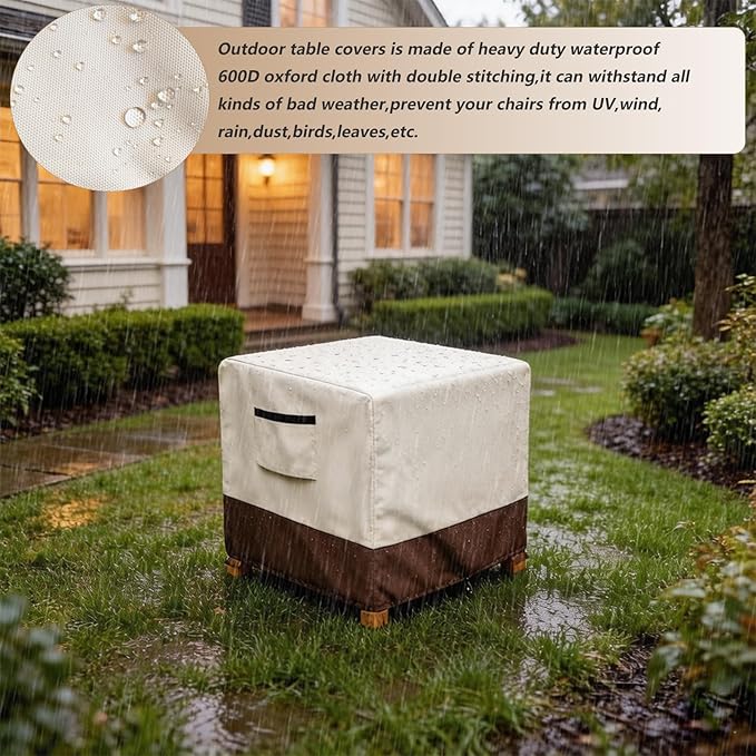 Waterproof Patio Ottoman Cover, Heavy Duty Square Outdoor Side Table Furniture Covers Size 32L x 32W x 18H inch (Beige)