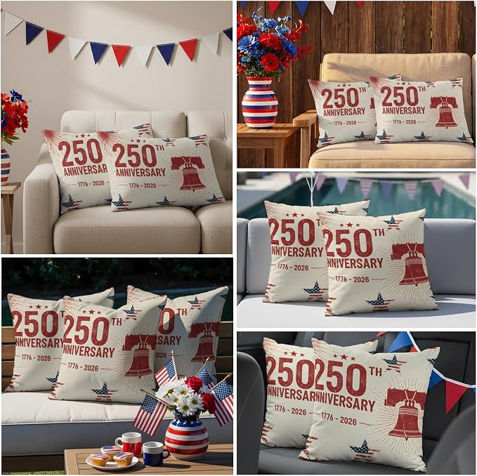 250th Anniversary Outdoor Pillow Covers 16"x16" Set of 2, Liberty Bell Stars Vintage 1776-2026 Waterproof Throw Pillow Covers for Patio Furniture, Decorative Cushion Covers for Porch