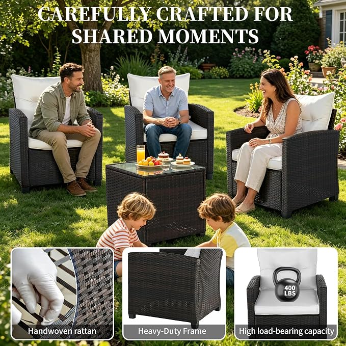 3 Pieces Patio Furniture Set,Outdoor Wicker Conversation Set,Outdoor Wicker Patio Chairs with Cushions & Glass Coffee Table,Bistro Set Outdoor for Porch (White)