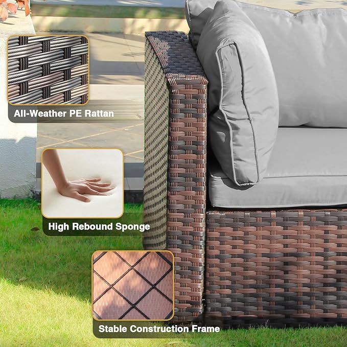 11 Piece Patio Furniture Set All Weather PE Rattan Outdoor Sectional Sofa Couch with No-Slip Cushions and Glass Top Table for Garden, Poolside, Backyard (Gray)