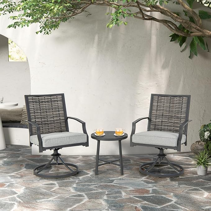 Tangkula 3 Piece Patio Swivel Chair Set, Wicker Swivel Chairs w/Coffee Table, Soft Seat Cushions, Heavy-Duty Metal Frame, 360° Swiveling Chair Set for Backyard, Balcony, Front Porch (Gray)