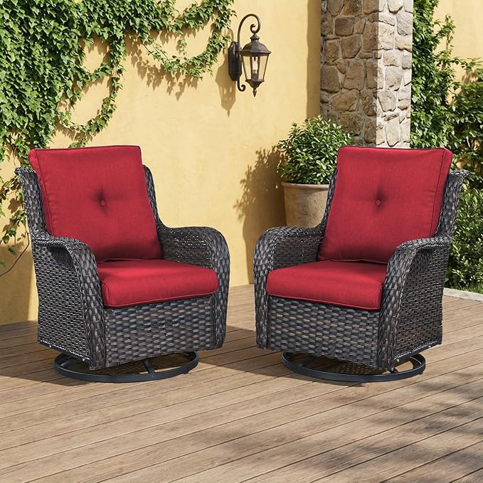 Outdoor Swivel Rocker Patio Chairs-Wicker Patio Swivel Chairs Set of 2 PE Rattan Patio Furniture for Porch Deck Balcony Garden-Brown/Red