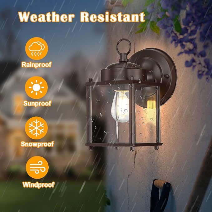 Outdoor Wall Light, Porch Lamp, Rustproof Waterproof,Bronze | Exterior Wall Sconce Fixture for House, Garage, Patio, Metal Housing with Glass, E26 Base, 2 Pack