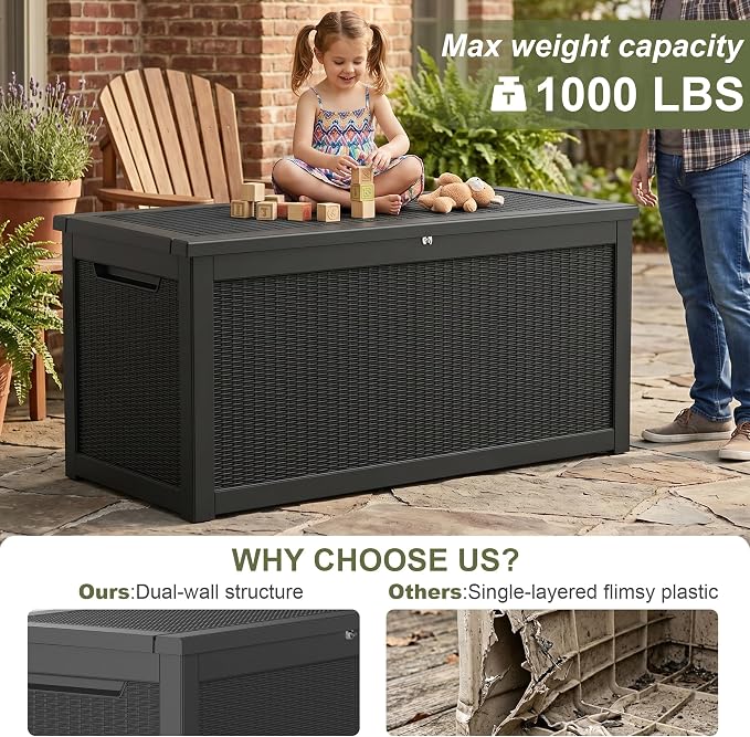 320 Gallon Outdoor Storage Box Waterproof, Lockable Resin Deck Box Large, Patio Storage Bin for Pool Accessories Cushion Furniture, Garden Tools, UV-Resistant Outside Delivery Black