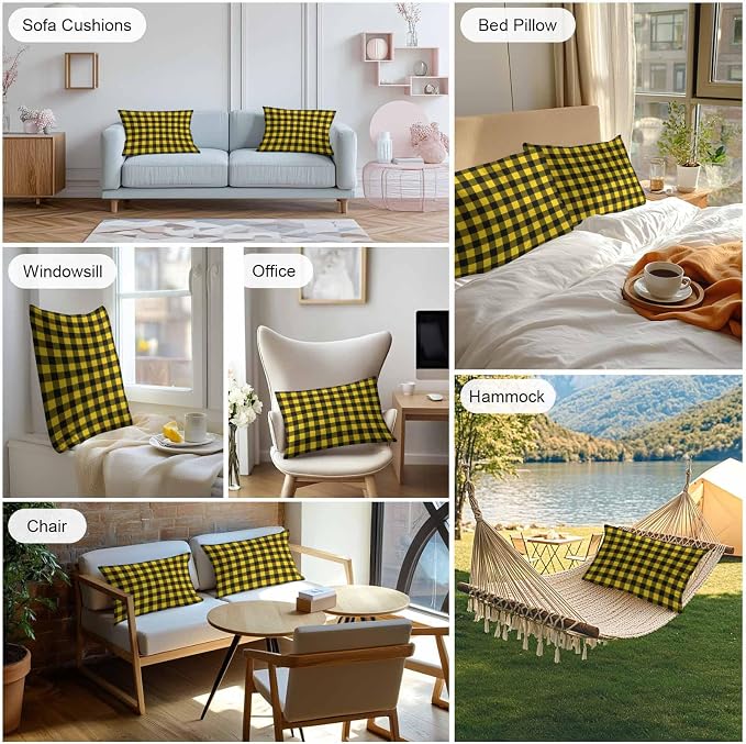 Outdoor Waterproof Throw Pillow Covers Set of 2 Yellow Buffalo Plaid Lumbar Pillowcases 20x12 Inches Pastoral Black Checked Decorative Pillows Cushion Case Patio Pillows for Couch Bed Chair Garden