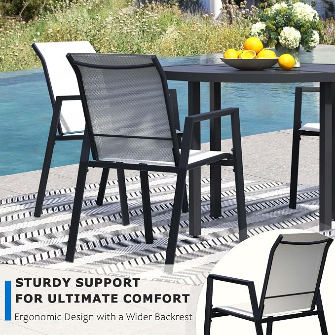 9-Piece Outdoor Dining Set for 8 – 60" Black Round Outdoor Table with Umbrella Hole & 8 White Outdoor Stackable Dining Chairs, All-Weather Patio Furniture