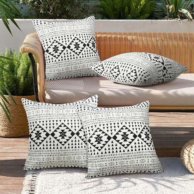 18x18 Inch Outdoor Waterproof Pillow Covers Set of 2 Geometric Decorative | Outdoor Pillow Covers for Patio Funiture GardenInch Black and white