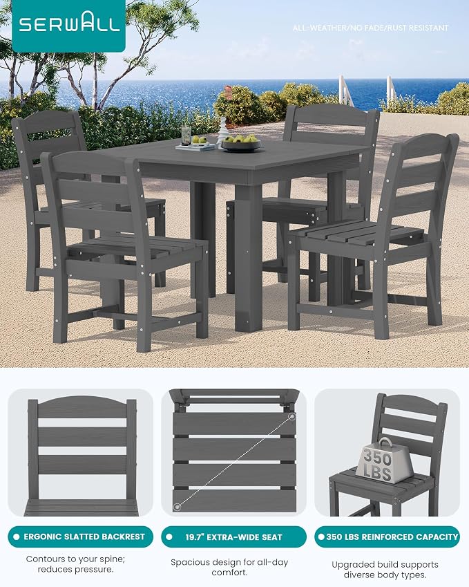 SERWALL Outdoor Dining Set for 4, HDPE Square Table and Chairs Set All Weather Patio Dining Set with 4 Armless Chairs for Patio, Gray