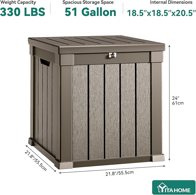 YITAHOME 51 Gallon Outdoor Storage Deck Box, Waterproof Resin Package Delivery and Storage Box with Lockable Lid for Patio Furniture Cushions, Pool Accessories, Garden Tools, Taupe