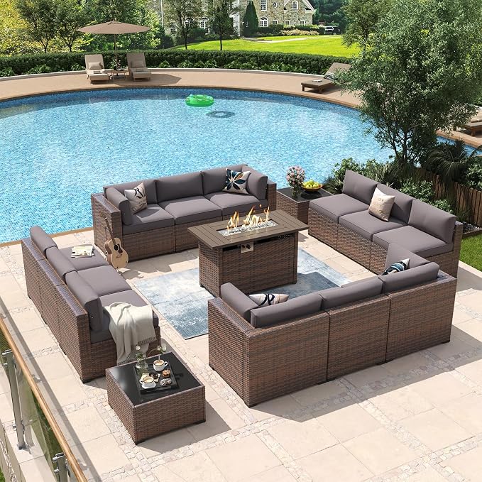 Aoxun 15 Piece Patio Furniture Set with 44” Fire Pit Table Wicker Rattan Outdoor Sectional Sofa Set with Coffee Table and Thickened Cushions, Grey