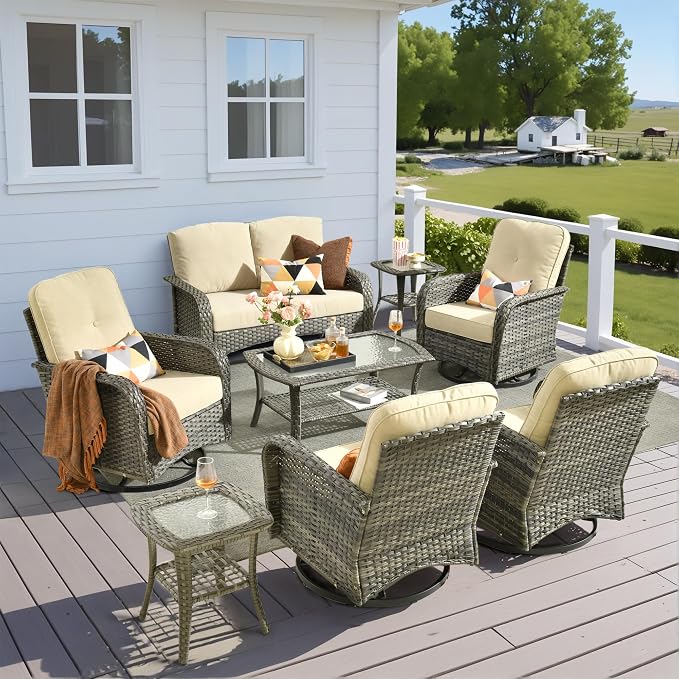 8 Pieces Outdoor Patio Furniture Set with Coffee Table, All Weather Wicker Patio Conversation Sets with Rocking Chairs, Balcony Furniture Sets for Backyard, Garden, Poolside, Beige