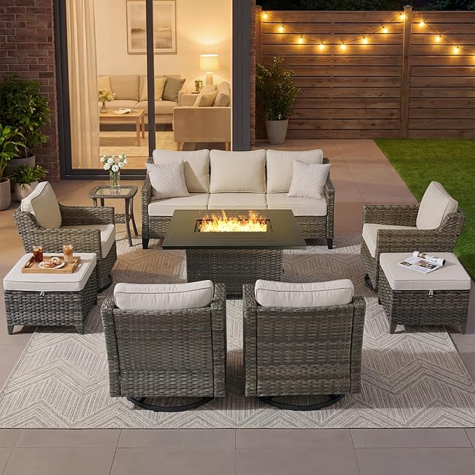 Outdoor Furniture Set of 9, Patio Sofa with Luxury 4" Cushion, Wicker Swivel Rocker Patio Chairs, and Fire Pit Table, High Back&Deep Seat for Garden Deck Porch Balcony Backyard - Beige