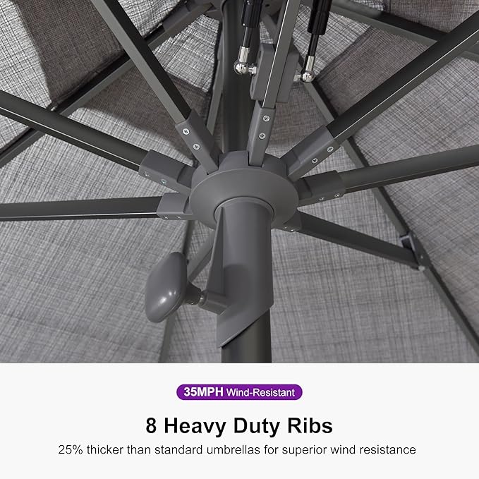 PURPLE LEAF 9 FT Semi-Auto Outdoor Patio Umbrella with Base Market Table Sun Umbrellas with 8 Aluminum Sturdy Ribs for Backyard Deck Garden Pool (Gray Pole Gray Canopy)