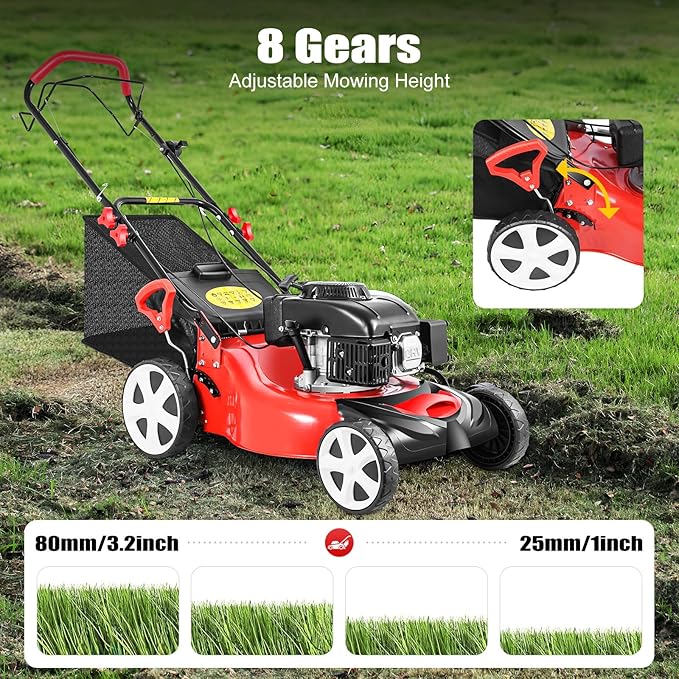 4-Stroke Self-Propelled Gas Lawn Mower, 5HP 140CC 2800RPM 8 Adjustable Heights Gas Push Lawn Mower with Stable Wheels for Sports Fields Community Greening Municipal Greening