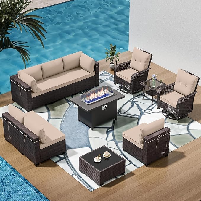 11 Pieces Outdoor Patio Furniture Set,Outdoor Sectional Furniture with 45" 55000 BTU Gas Propane Fire Pit Table,PE Rattan Wicker Patio Conversation Set,Swivel Rocking Chairs Set,Sand