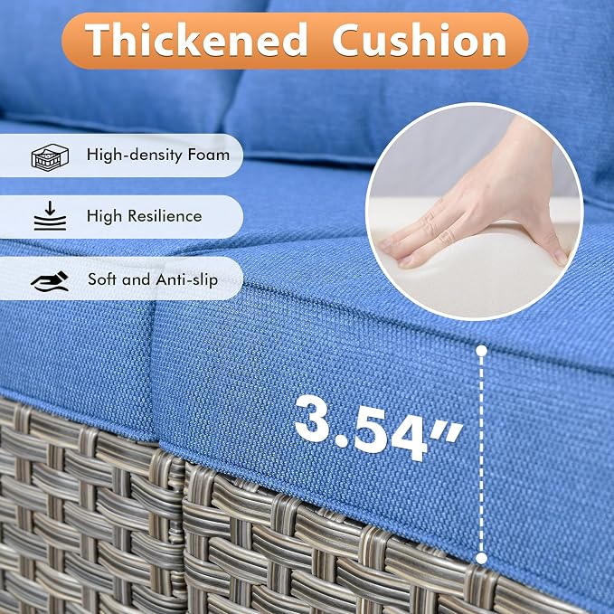8 PCS Outdoor Patio Furniture Sets,Patio Conversation Sets Outside Rattan Soft Cushion Sofa with 2 Wicker Rocking Chairs Soft Cushion Fit Backyard Porch Garden Poolside Balcony,Diamond Blue
