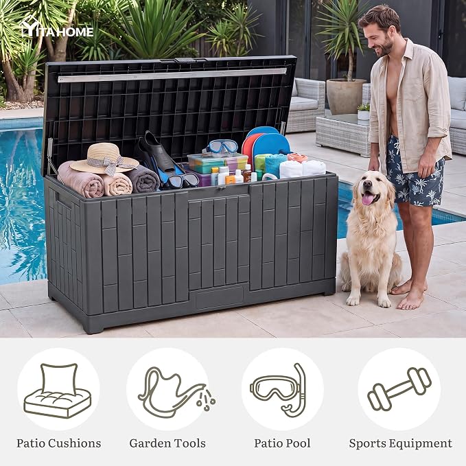 YITAHOME Large Deck Box 120 Gallon Resin Outdoor Storage Box with Slide-Locking Lid, Patio Storage Bin Bench Seat for Outdoor Pillows, Garden Tools and Pool Supplies, Waterproof Lockable, Dark Gray