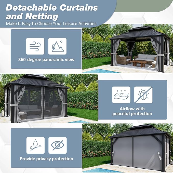 10'x12' Gazebo Hardtop Gazebo, Aluminum Pergola with Double Galvanized Steel Roof, Permanent Outdoor Metal Canopy with Curtain and Netting for Patio, Backyard, Deck,Grey