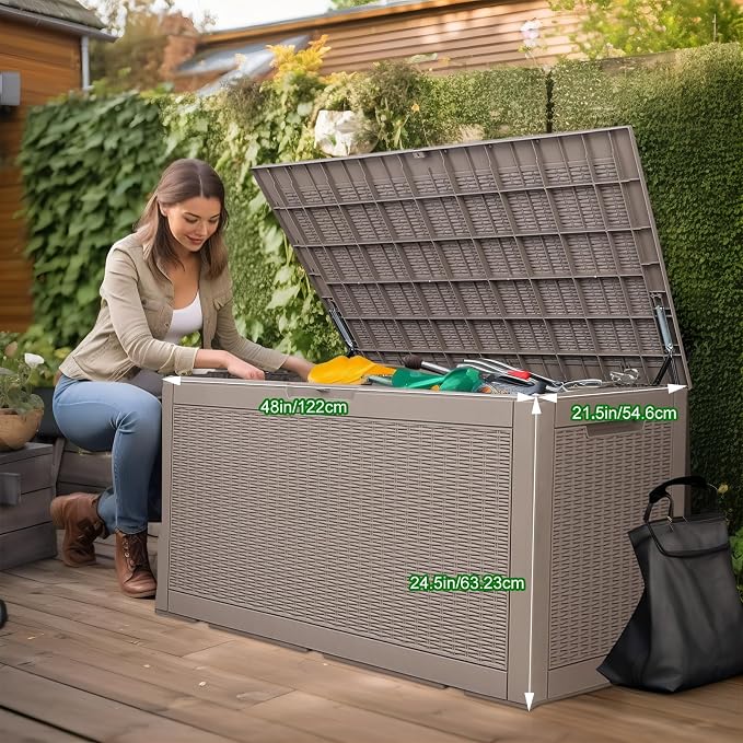 PatioZen 120 Gallon Resin Deck Box, Lockable Patio Outdoor Storage Box for Furniture, Garden Tools and Tools Storage, Waterproof Outside Storage Box (Grey)