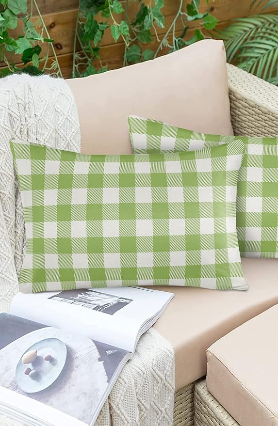 Outdoor Waterproof Throw Pillow Covers Set of 2 Sage Green Buffalo Check Plaid Lumbar Pillowcases 20x12 Inches Farmhouse Style Patio Decorative Pillows Cushion Case Patio Pillows for Couch Bed Garden