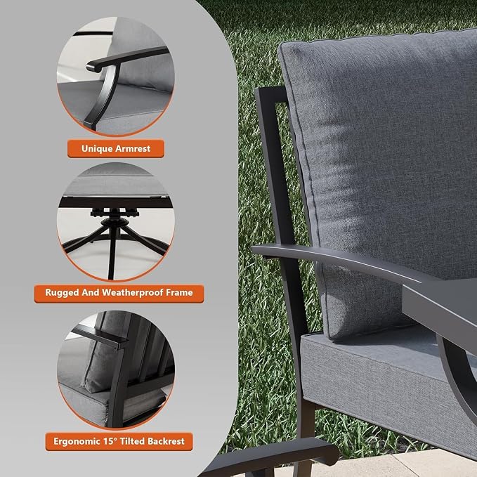 Kullavik 5 Piece Metal Outdoor Patio Furniture Set with Fire Pit Table,Outdoor Dining Table Set with 2 Fixed Chairs,2 Swivel Chairs and 55000 BTU Outdoor Round Fire Pit,Grey