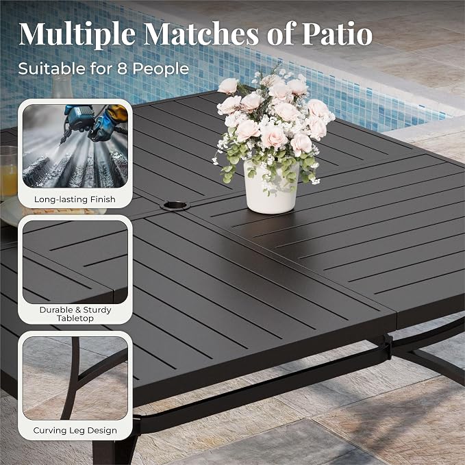 MIXPATIO 9 Pieces Patio Table and Chairs Set, Patio Dining Set for 8, 8 Blue Textilene Chairs and 1 Large Square Patio Dining Table with Umbrella Hole, for Deck Backyard Lawn Poolside