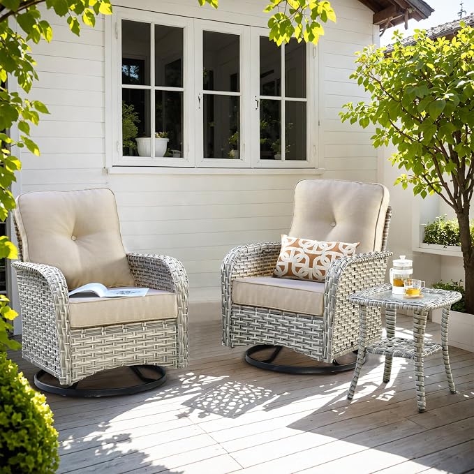 Outdoor Swivel Rocker Patio Chairs with Side Table,Wicker Swivel Rocking Chair Set of 2,3PCS High Back Wicker Patio Furniture Set Glider Chairs for Porch, Balcony, Deck and Yard,Beige