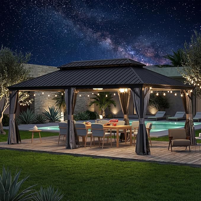 Domi 14' X 24' Hardtop Gazebo, Upgraded Metal Gazebo with Drainage System, Dual-Layer Galvanized Steel Roof, Curtain and Netting, Outdoor Shelter Canopy for Patio, Garden, and Backyard, Grey