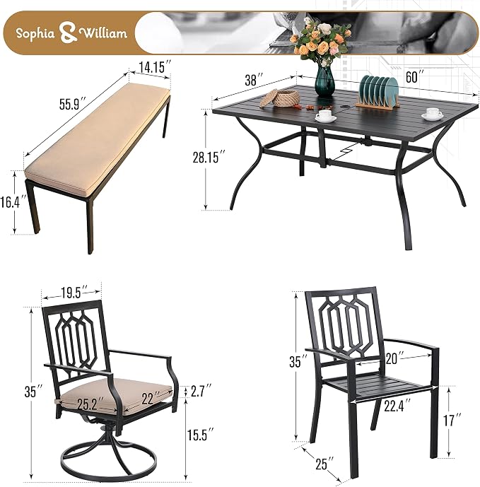 Sophia & William Patio Dining Set 6 Pieces, Swivel Patio Dining Chairs, Fixed Chairs and Bench, Large 60" Metal Dining Table, for Lawn Support 300lbs