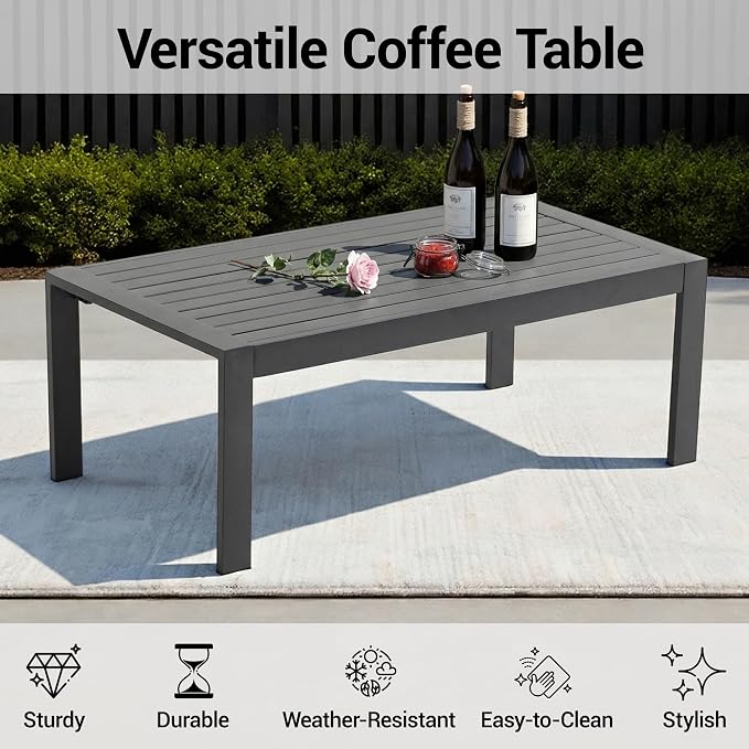 4-Piece All-Weather Metal Patio Furniture Set, Sectional Conversation Sofa w/Coffee Table, Heavy Duty Steel Frame & Washable Cushions for Backyard Garden (Grey, Furniture Set（Straight）)