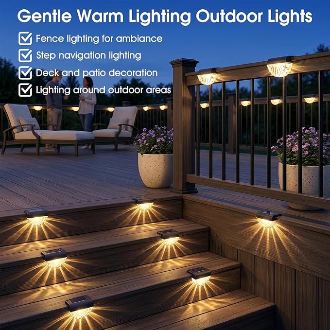 Greluna Solar Fence Lights, 8 Pack Waterproof Deck Outdoor Lights, Auto Dusk to Dawn Step Lights with Warm White Glow, Easy Install for Fence, Patio, Stairs, Pathway, Garden Lighting