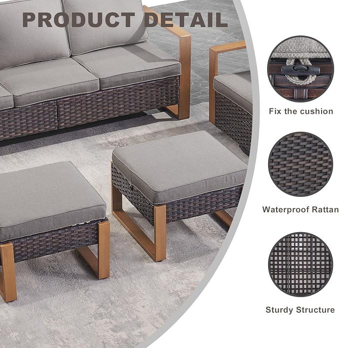 Rilyson Outdoor Ottoman Wicker Patio Footrest - 2 Piece Wicker Footrest Footstools Set with Sturdy Frame,All-Weather PE Wicker, Thick Cushions for Deck Porch Garden(Brown/Grey)
