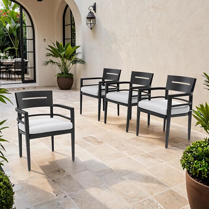 4 Piece Aluminum Dining Chairs Set, Outdoor/Indoor Stationary Dining Chairs with Comfortable Fabric Cushions &Tapered Feet for Garden, Backyard, Poolside, Bistro, Ember Black