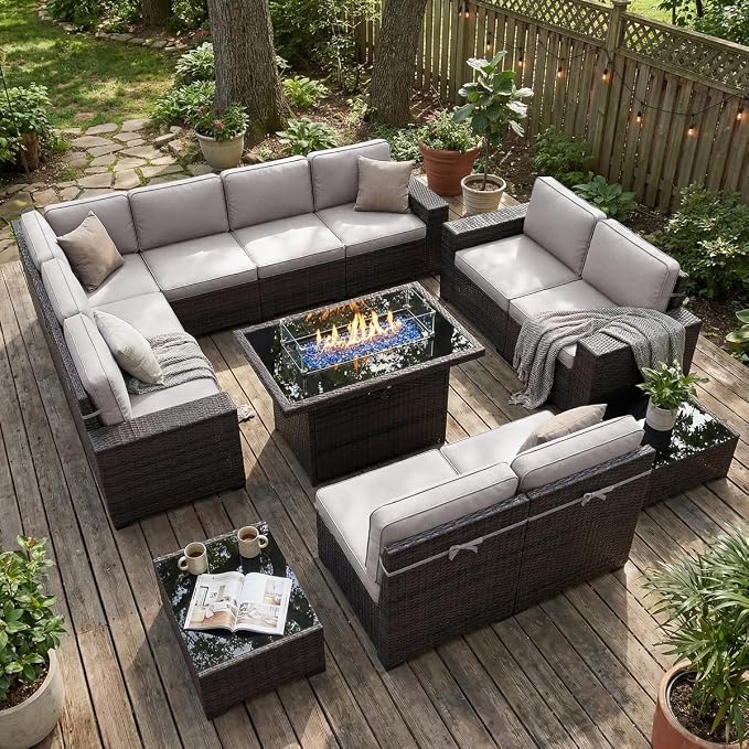 LayinSun 13 Pieces Outdoor Patio Furniture Set with 44" Fire Pit Table Brown Rattan Sectional Sofa Conversation Sets