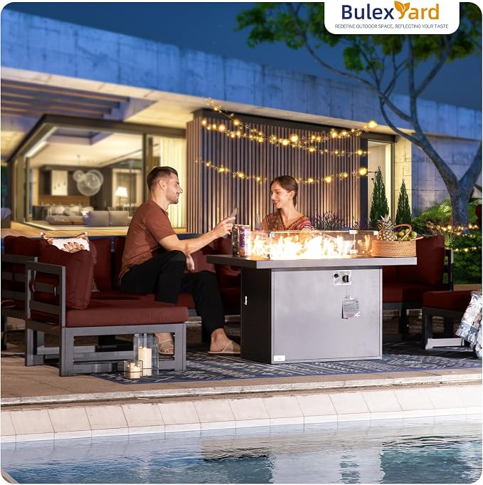 BULEXYARD 9 Piece High End Aluminum Patio Furniture Set with Fire Pit Table, 500 lbs Heavy Duty Outdoor Sectional Sofa, 29" Deep Wide Oversized Seat, L Shaped Conversation Couch for Exterior, Burgundy