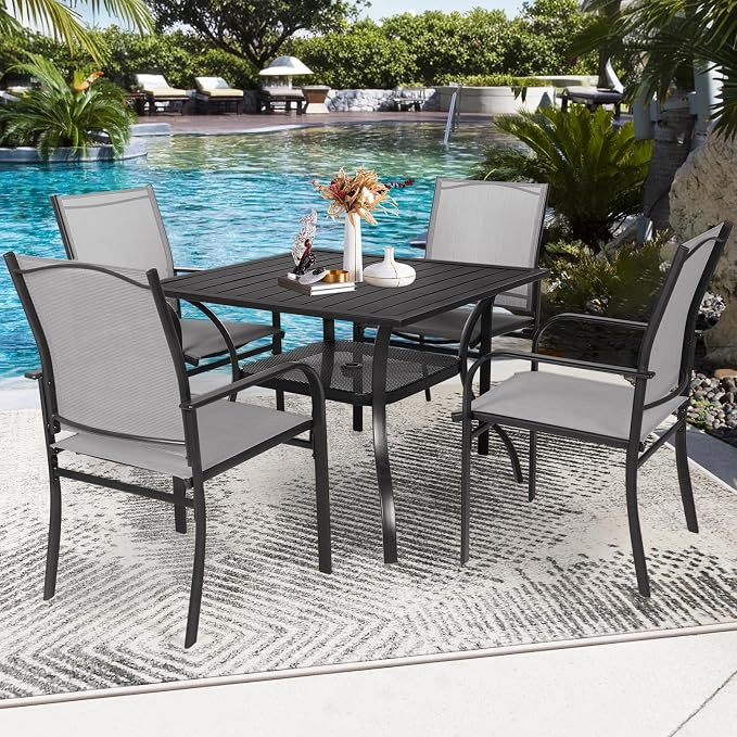 SUNCROWN 6 - Piece Outdoor Dining Set, Patio Furniture Set with 4 Textilene Dinning Chairs, 1 Steel Slat Metal Bistro Table and 1 Sky Blue 9Ft Patio Umbrella for Lawn Garden Backyard Deck, Grey