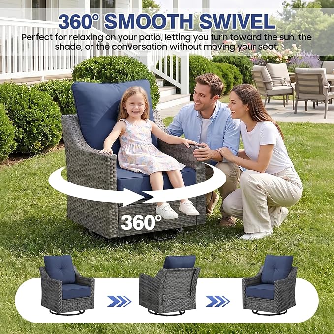 6 Piece Patio Furniture Set, 360°Swivel Glider Patio Chairs Set of 4, Outdoor Side Table Set of 2, Comfortable Seating with Thick Cushions, All-Weather Wicker Patio Set For Porch Deck Balcony Garden