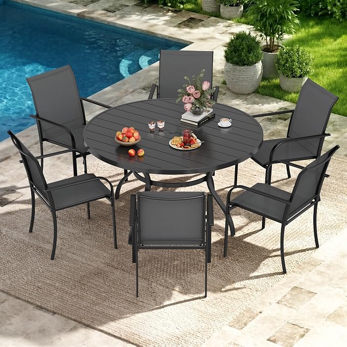 7-Piece Patio Dining Set,6 Person Outdoor Table and Chairs Set, 6 Metal Dining Chairs and Round Outdoor Table with 1.57" Umbrella Hole,Grey